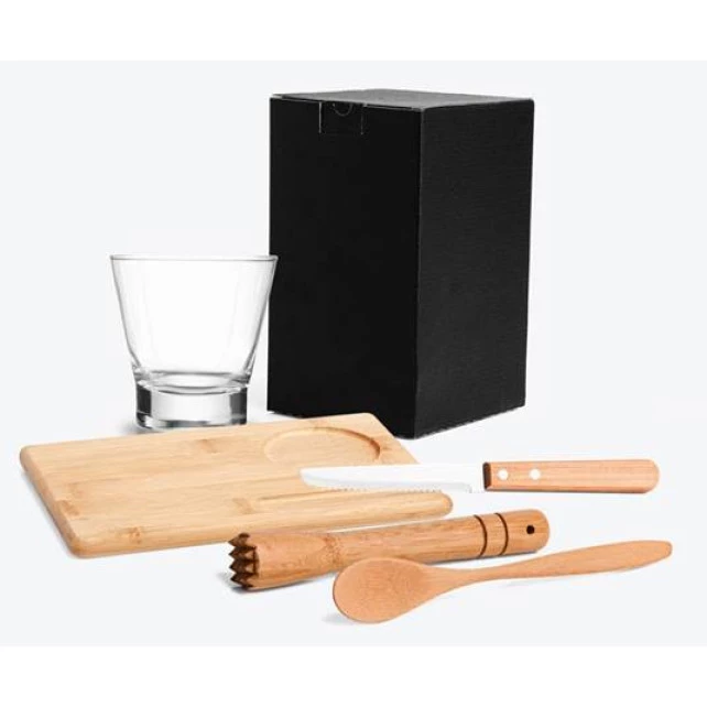 Kit Caipirinha em Bambu com Tábua e Socador - 5 Peças