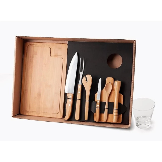Kit Para Churrasco E Caipirinha Em Bambu Com Tábua E Facas - 9 Peças