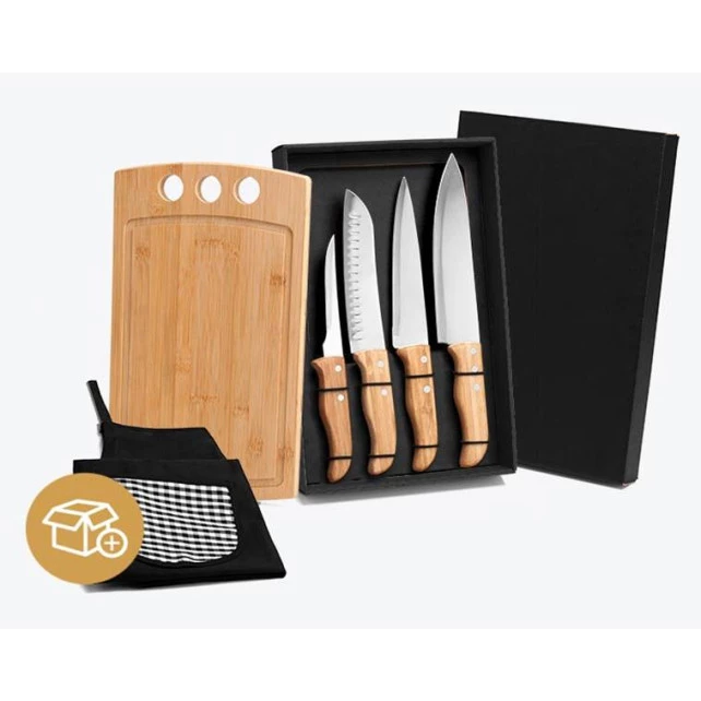 Kit Churrasco em Bambu com Avental, Tábua e Facas - 6 Peças