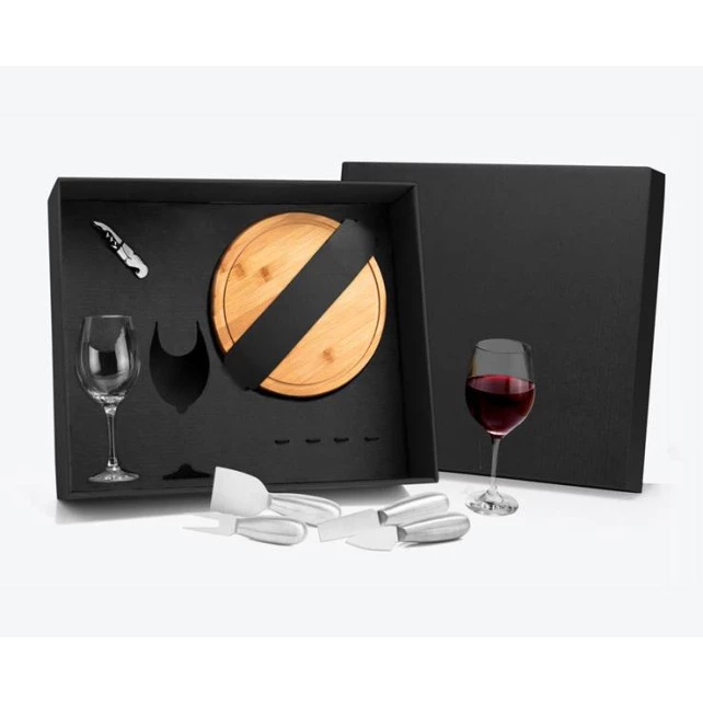 Kit Vinho e Queijo com Tábua e Taças - 8 Peças