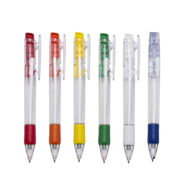Caneta Plástica Transparente com Detalhes Emborrachado e Clip Colorido