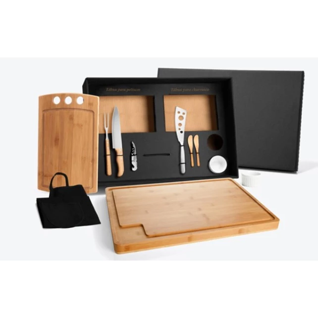 Kit Para Churrasco E Petisco Em Bambu Com 2 Tábuas - 11 Peças