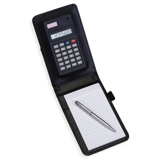 Bloco de Anotações em Tecido Sintético Tipo Couro com Calculadora e Caneta