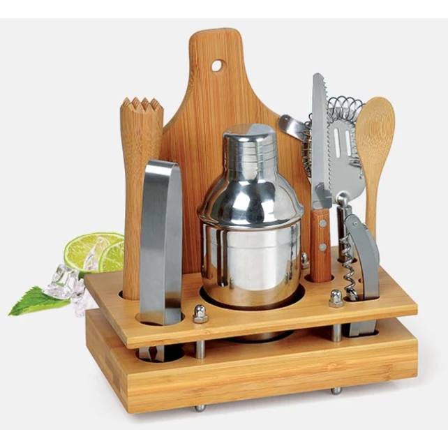 Kit Caipirinha e Bar em Bambu e Aço Inox com 8 Peças