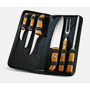 Kit Churrasco com Facas, Garfo e Chaira em Inox/Bambu com Estojo
