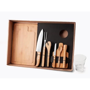 Kit Para Churrasco E Caipirinha Em Bambu Com Tábua E Facas - 9 Peças