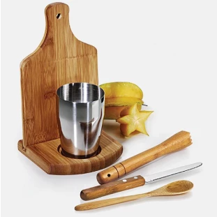 Kit para Caipirinha em Bambu Ibiza com Copo em Inox 350ml - 6 Peças