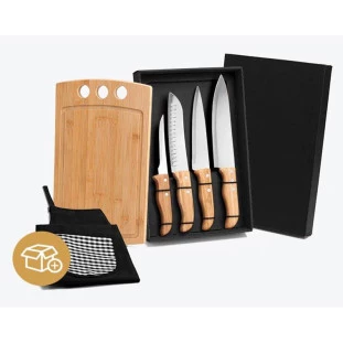 Kit Churrasco em Bambu com Avental, Tábua e Facas - 6 Peças