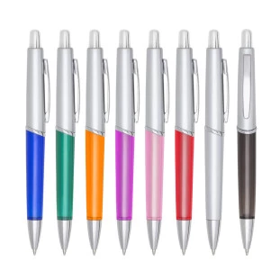 Caneta Plástica Prata com Detalhes Coloridos Translúcidos 