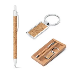 Kit Esferográfica e Chaveiro em Cortiça e Alumínio LAVRE. 
