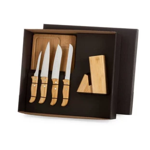 Conjunto de Facas, Tábua e Cepo em Bambu - 6 Peças