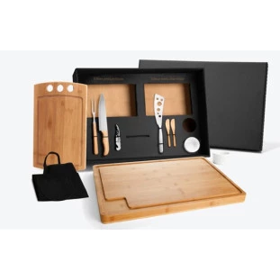 Kit Para Churrasco E Petisco Em Bambu Com 2 Tábuas - 11 Peças