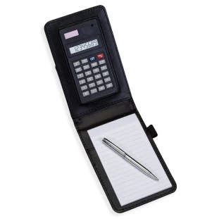 Bloco de Anotações em Tecido Sintético Tipo Couro com Calculadora e Caneta
