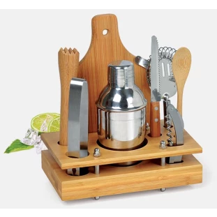Kit Caipirinha e Bar em Bambu e Aço Inox com 8 Peças