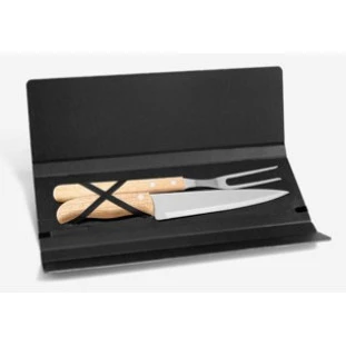 Conjunto De Garfo E Faca Inox / Madeira Para Churrasco Com Estojo Preto - 3 Peças