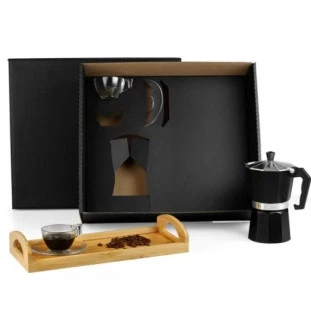 Kit para Café com Cafeiteira Italiana e Bandeja em Bambu - 6 Peças